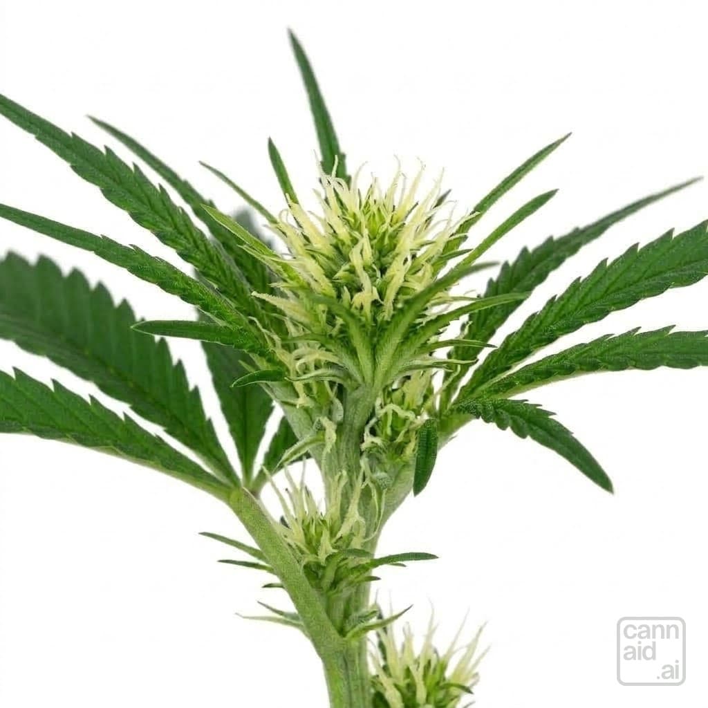 The top of a female cannabis plant early in flower: white hairs massed in a thick cluster at the tip and in smaller ones at the nodes below, the first buds forming among narrow green leaves.