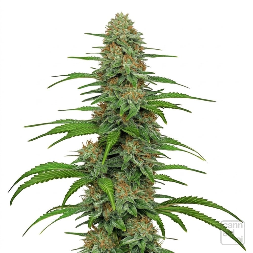 A ripe cannabis cola: the calyxes swollen and packed into one dense head under a cloudy frost, the hairs withered to short brown curls, the broad fan leaves still green.