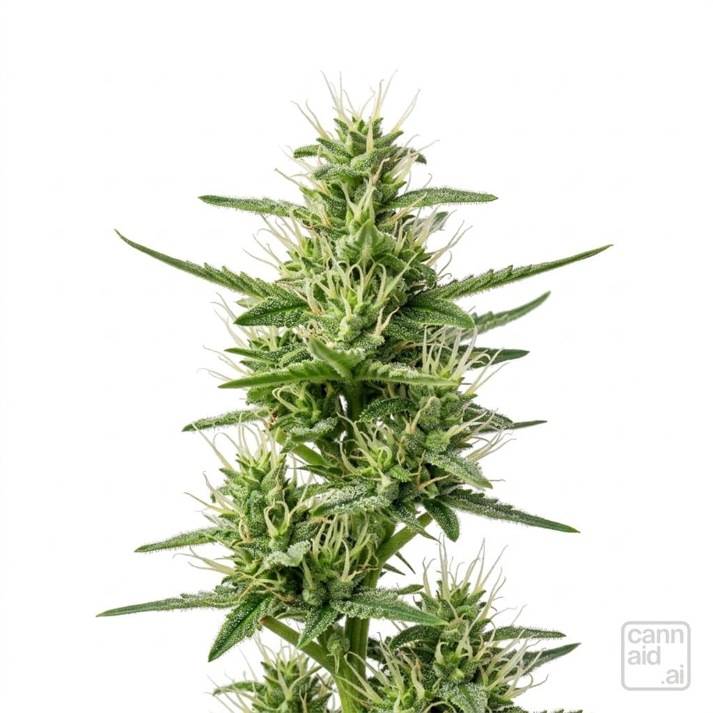 A healthy cannabis cola in mid-flower: dense clusters of white pistils along the head, the surface frosted with fresh trichomes, the sugar leaves still green.