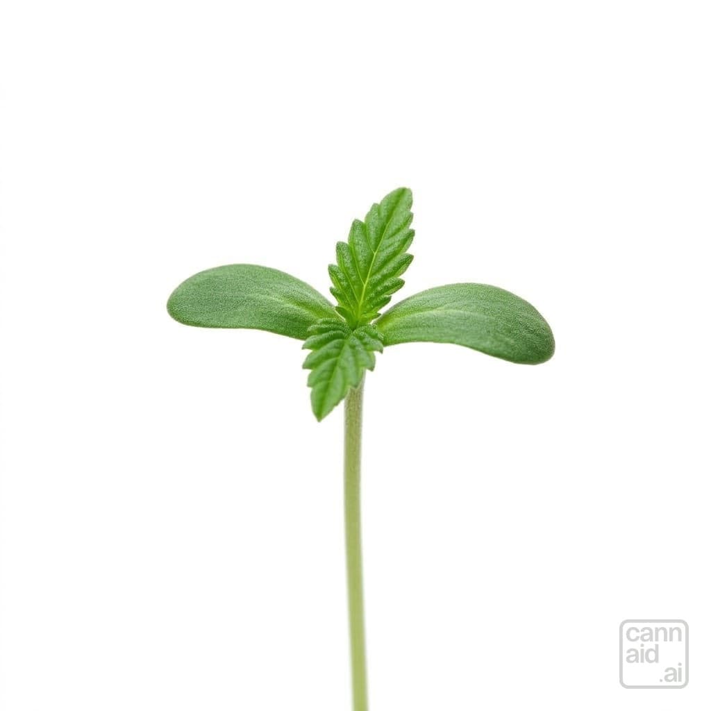 A cannabis sprout a few days old on a bare stem: the two smooth oval cotyledons spread level, the first pair of single-blade serrated true leaves opening between them.