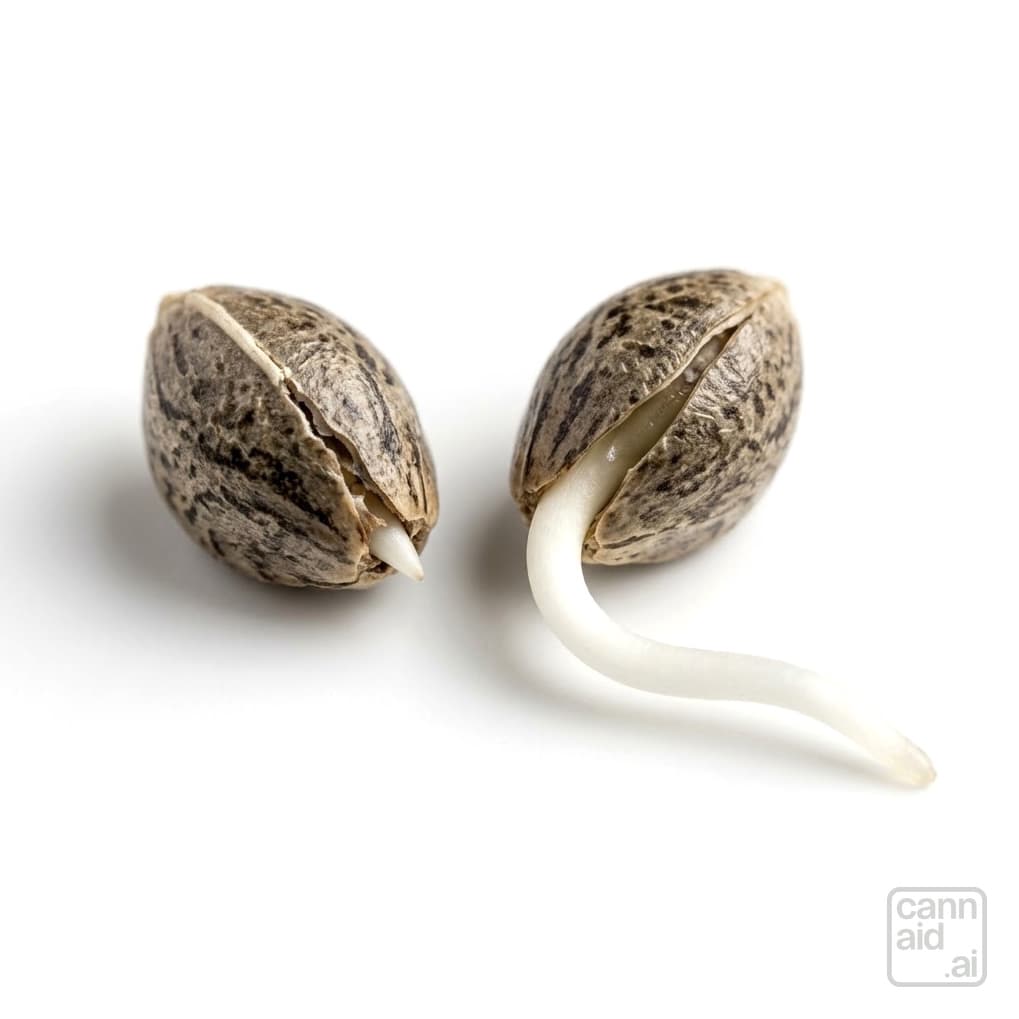 Two cannabis seeds waking on white: the left just split along its seam with the tip of a white root showing, the right opened wider with a long white taproot curving out across the surface.