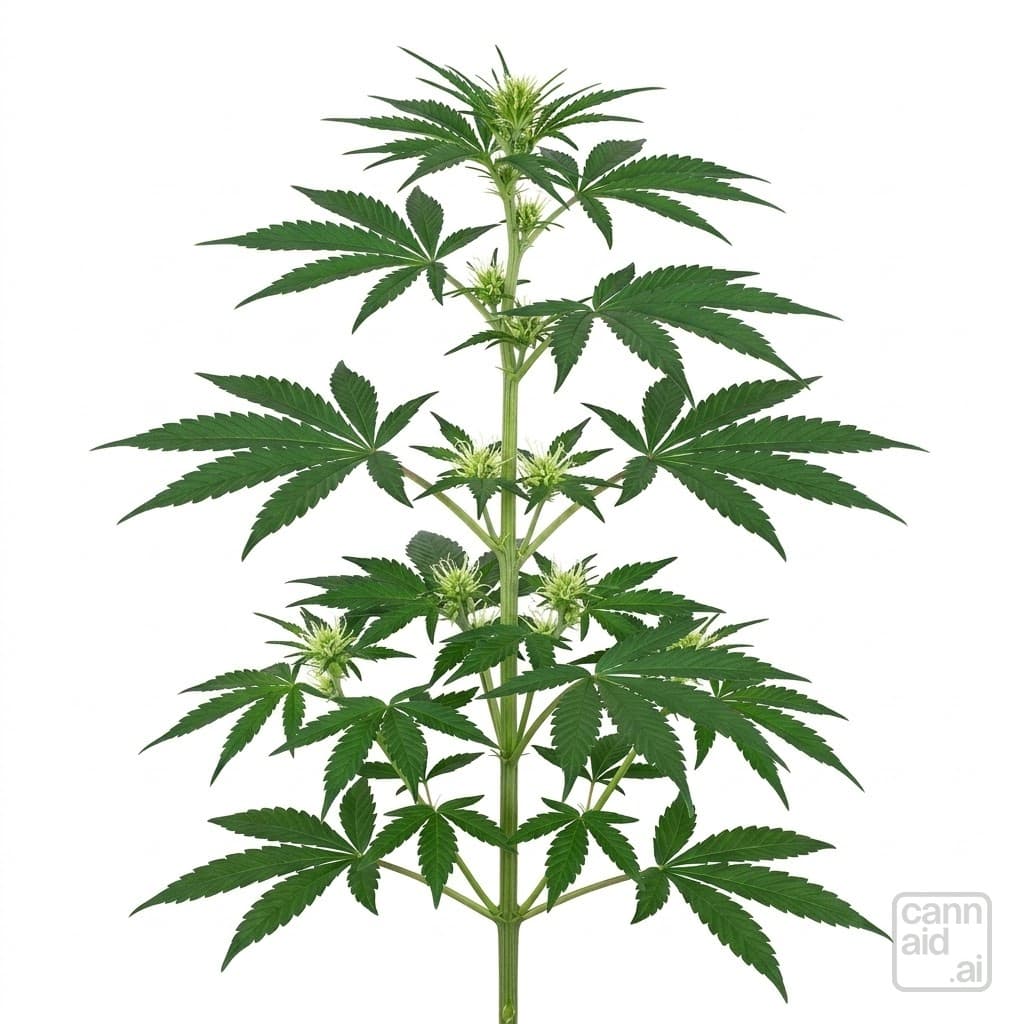 A young female cannabis plant just after the turn to flower — a main stem, tiers of fan leaves, and small clusters of white pistils at every node and at the top.