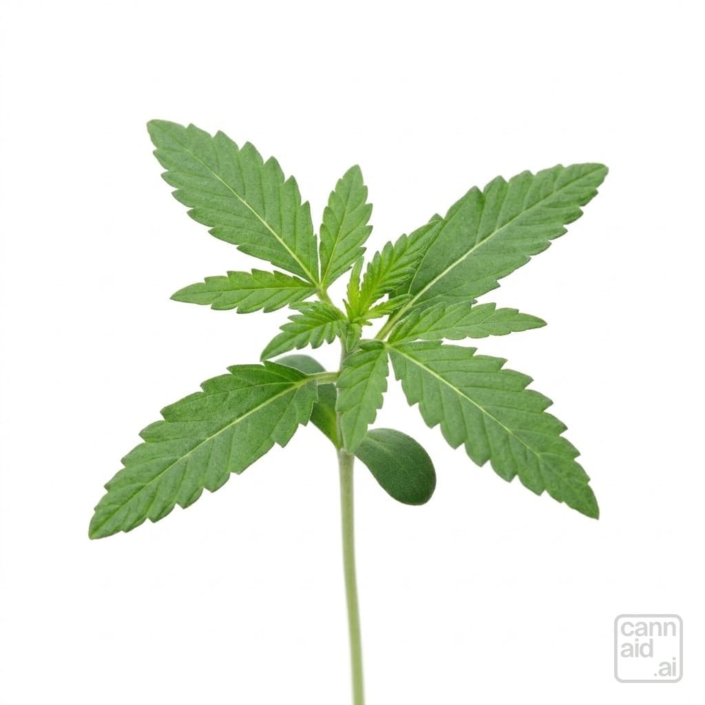 A two-week cannabis seedling on a bare stem, seen from a little above: the two round cotyledons lowest, the first pair of single-blade true leaves, a three-blade pair spread wide above them, and a small five-blade pair opening at the tip.