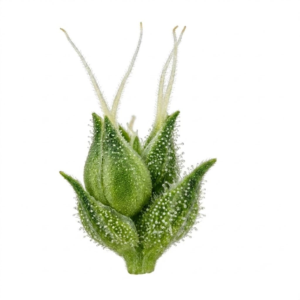 Extreme close-up of a single female cannabis flower on a white background — a teardrop calyx cradled by trichome-frosted bracts, two white pistils rising from it, resin glands dusting the surface.