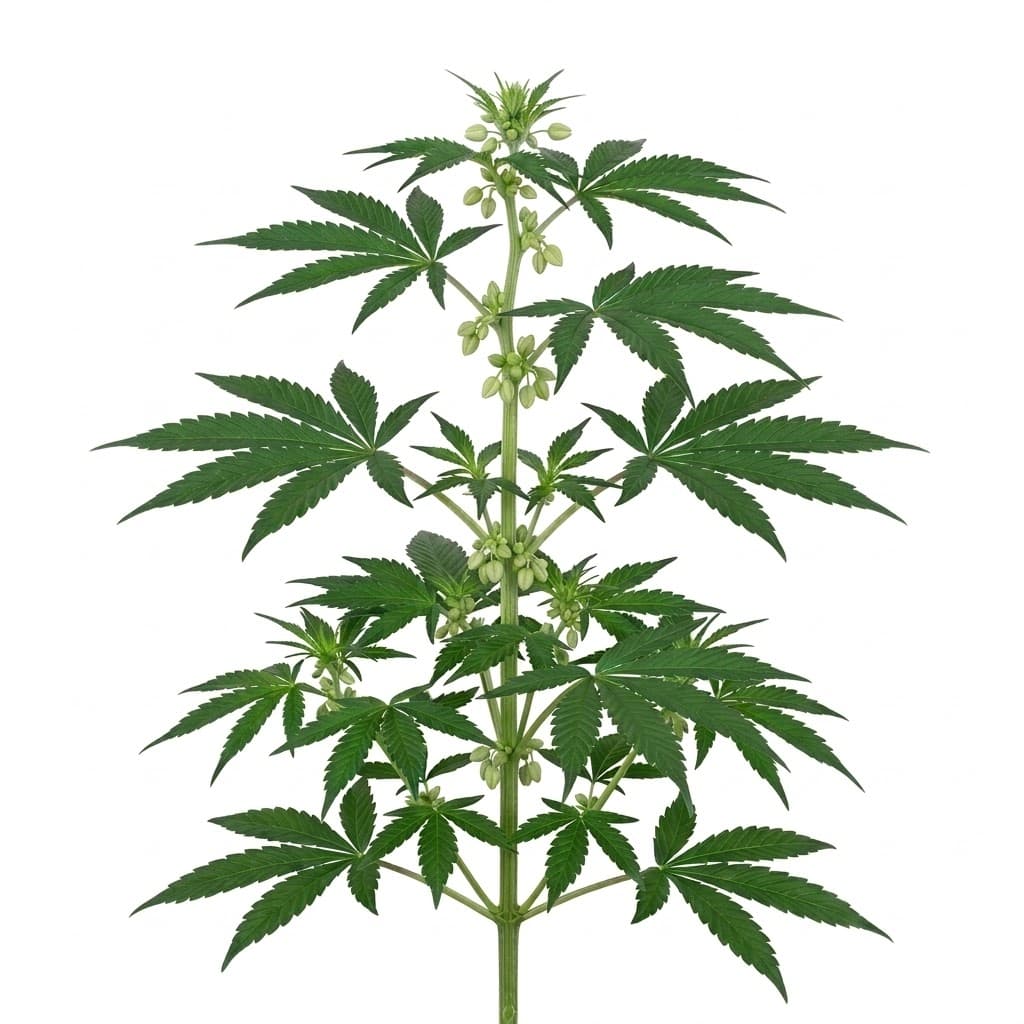 A young male cannabis plant on a white background, with hanging pollen sacs visible at the top and along the stem.