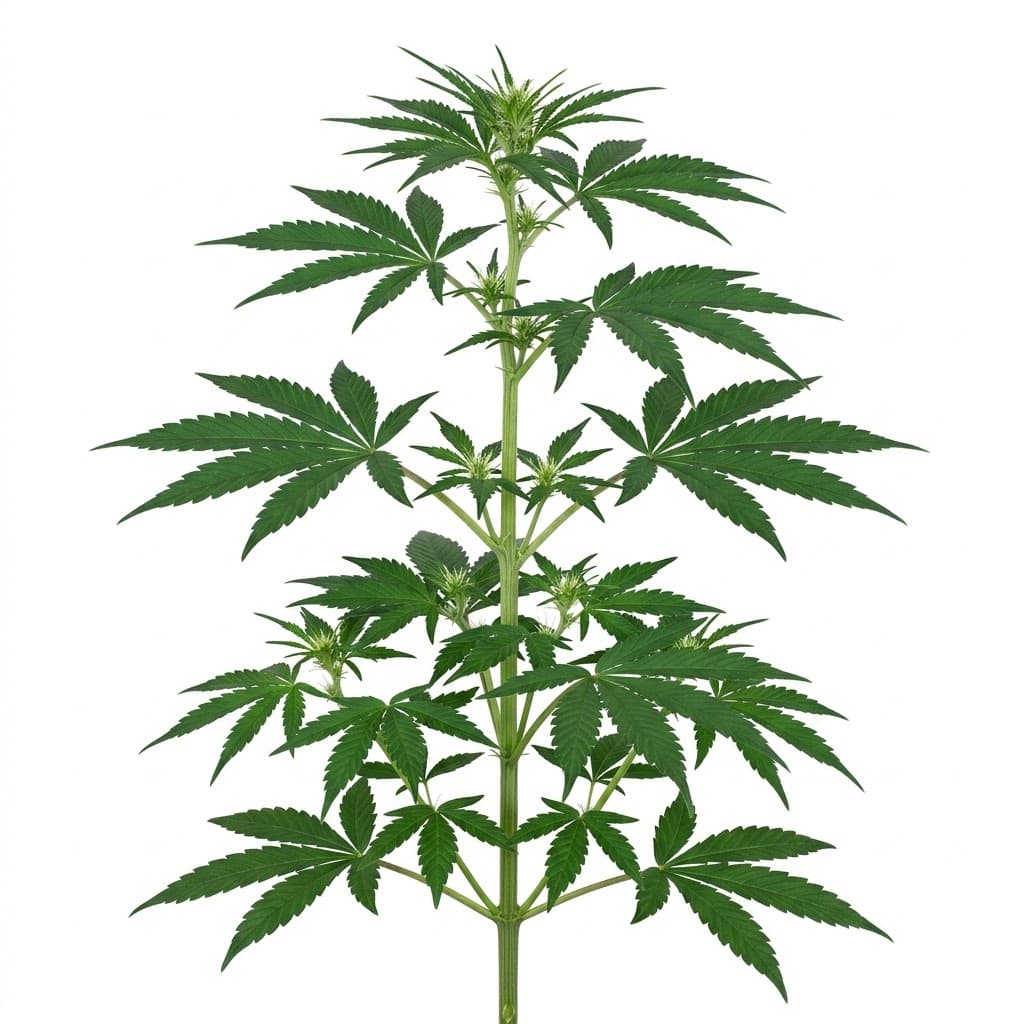 A young indica-style cannabis plant in pre-flower.