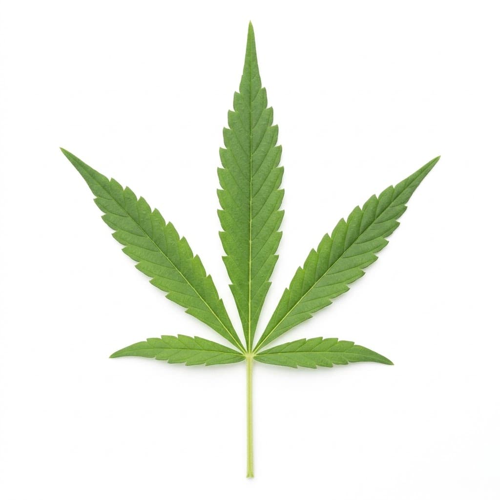 A single mature ruderalis cannabis fan leaf.