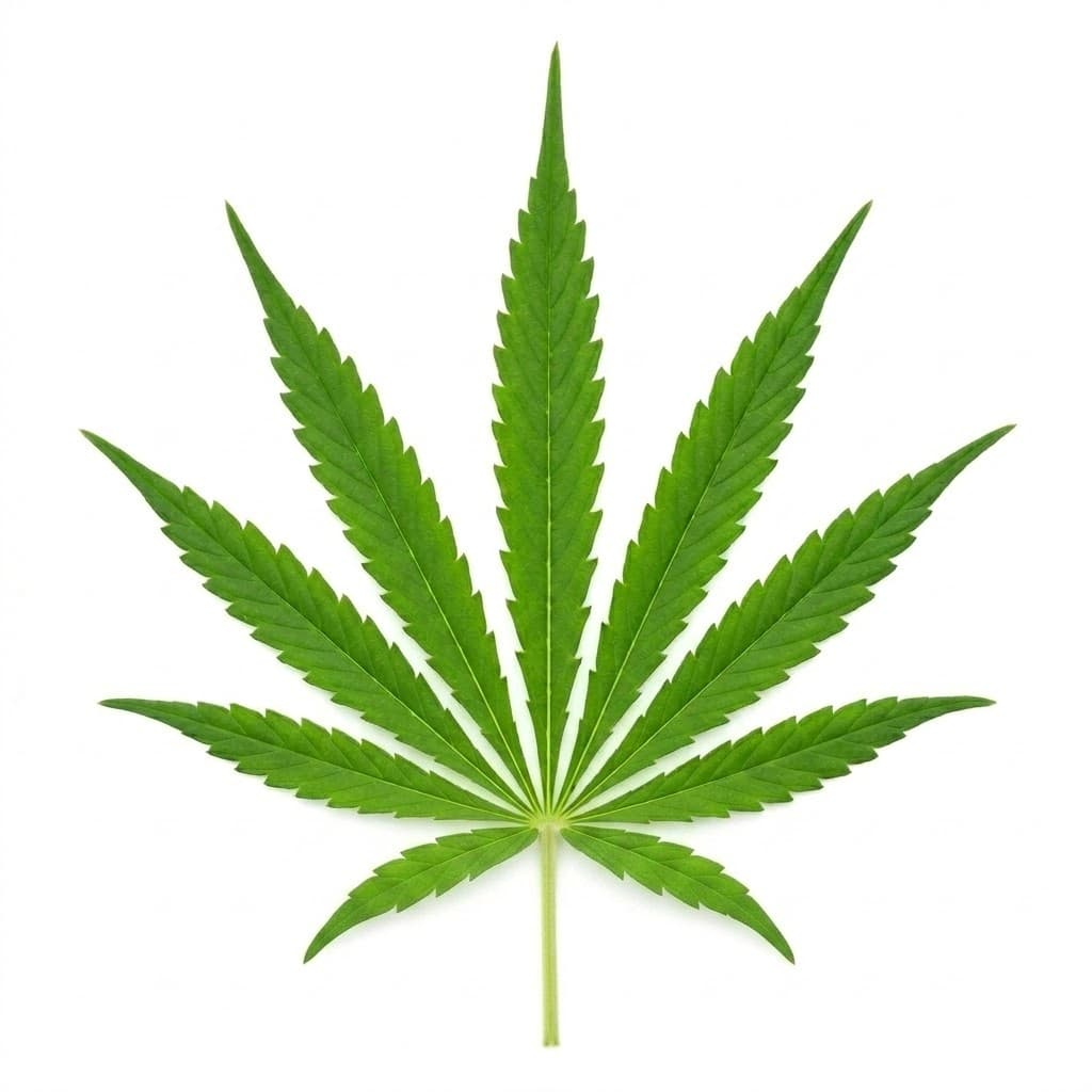 A single mature sativa-style cannabis fan leaf.