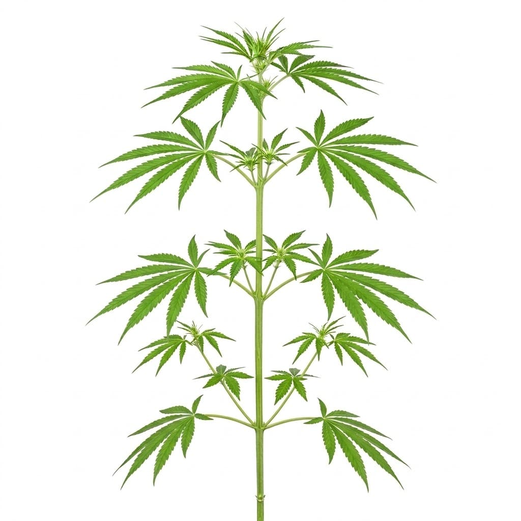 A young sativa-style cannabis plant in pre-flower.