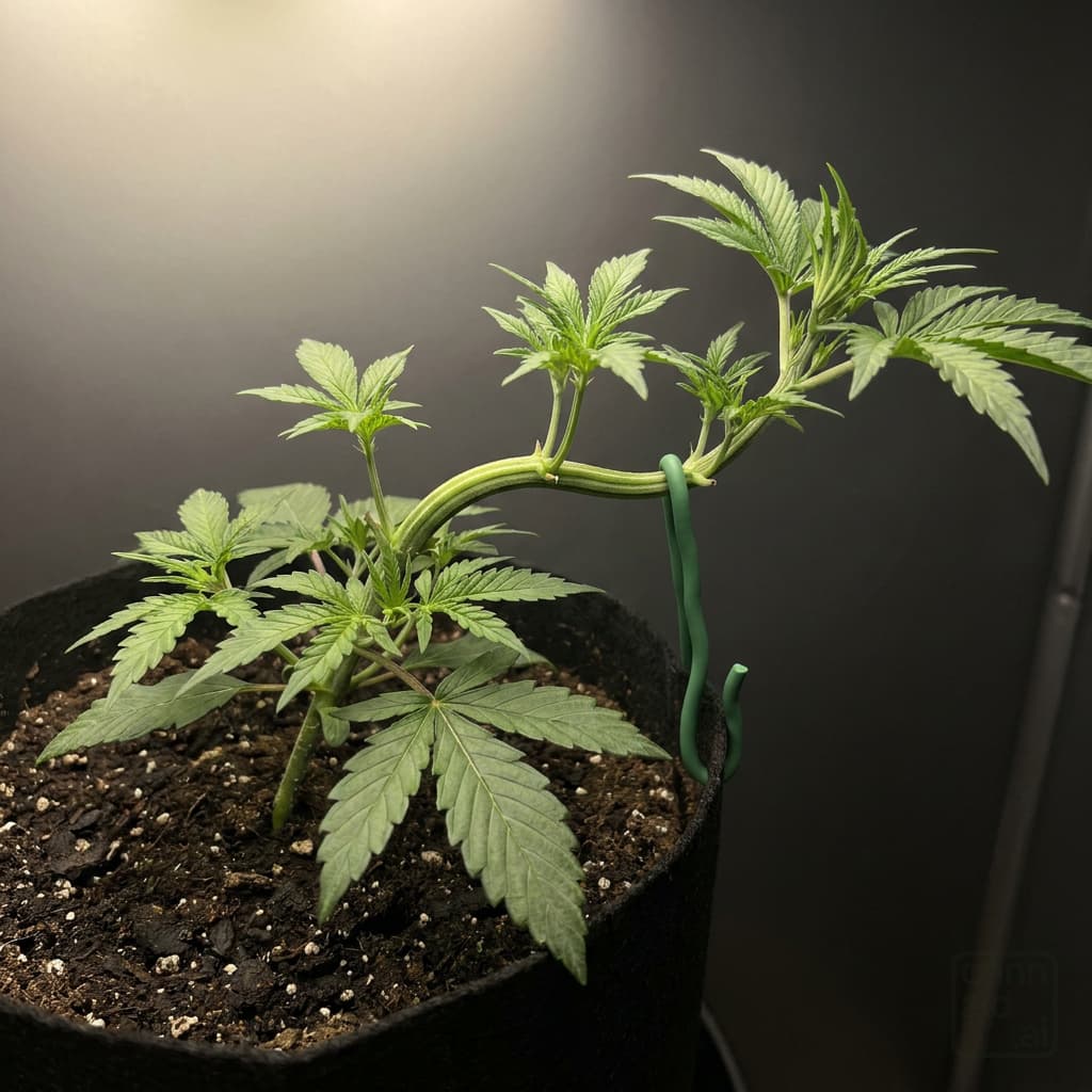 A young cannabis plant in a fabric pot seen from above at an angle, her main stem bent over sideways and held at the rim by a green tie, young side shoots standing up along the bend.