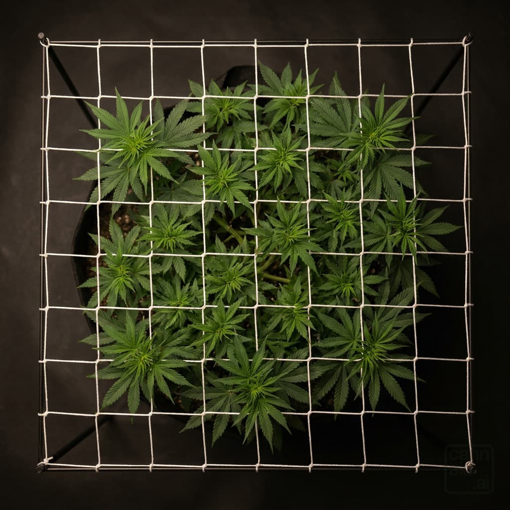 A screen of green seen from straight above at the moment to flip: a square frame holding a white net, green shoot tips pushing up through about three-quarters of the squares, the outer squares still empty.