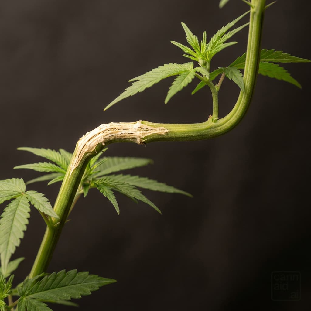 A close view of a supercropped cannabis branch, the old bend healed into pale, cracked, woody scar tissue, the branch beyond it turned back up toward the light.