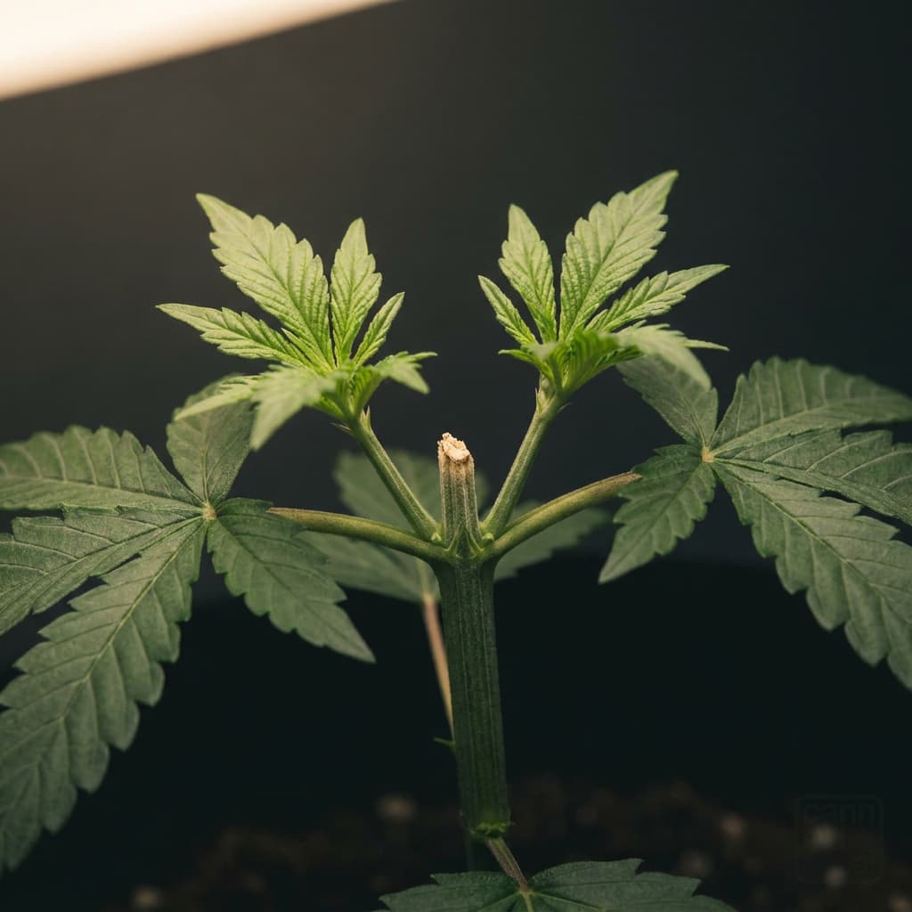 A cannabis stem a week after topping, the cut stub visible at the top and two new crowns rising as equals from the node beneath it.