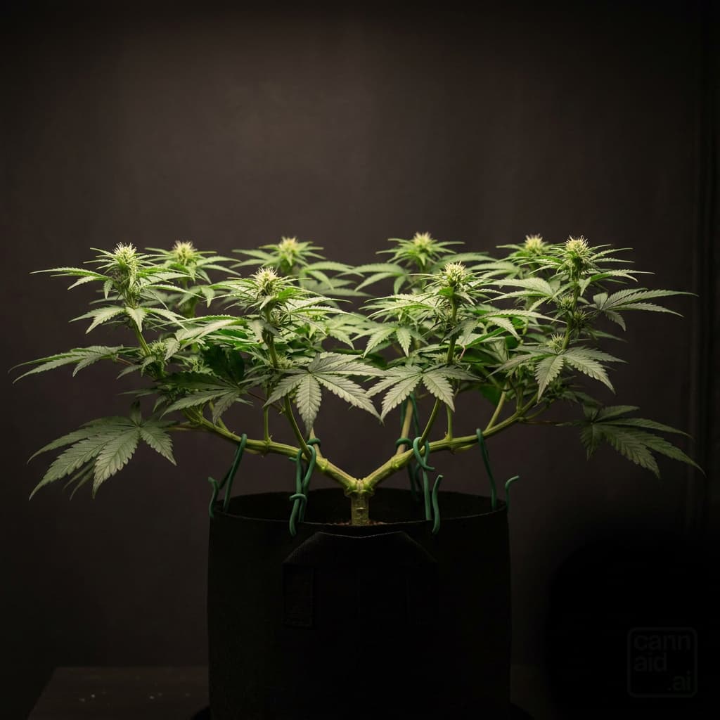 A trained cannabis plant at the start of flower in a fabric pot, seen from the side: the stem splits low into branches that spread outward and turn up, holding eight to ten tops at one level height, like a table.