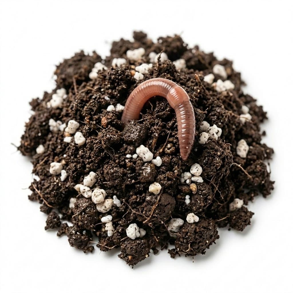 Soil — a mound of dark earth flecked with white perlite, an earthworm on top